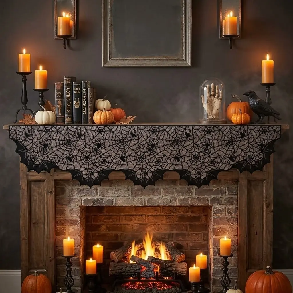 1-piece Halloween fireplace scarf, black lace spiderweb style fireplace mantle, fabric curtain/valance kitchen decoration, suitable for Halloween fireplace decoration party supplies.
