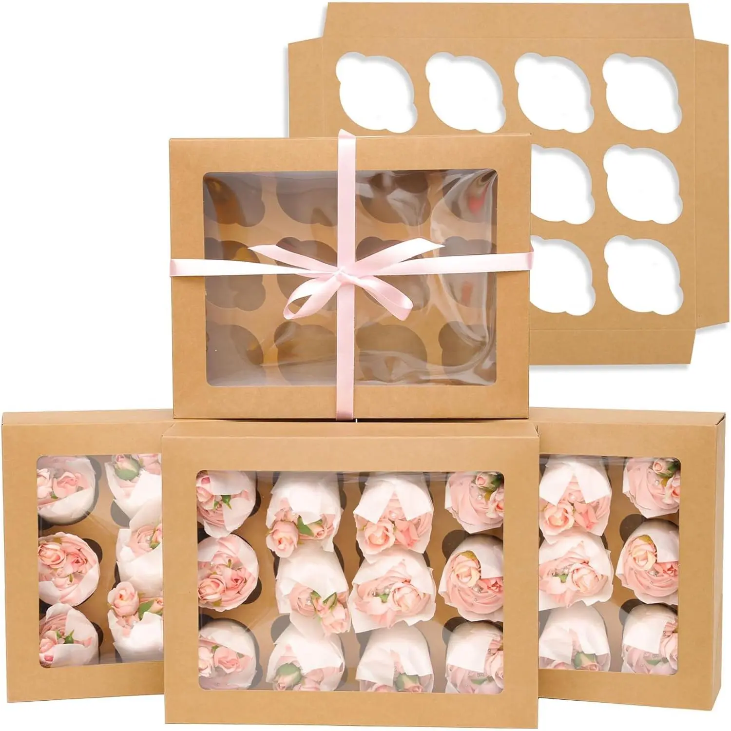 12 Cupcake Containers 12-Packs Brown Cupcake Box Cupcakes Carrier, 12 Cupcake Boxes with Window 13"x10"x3.5"(Auto-pop up)