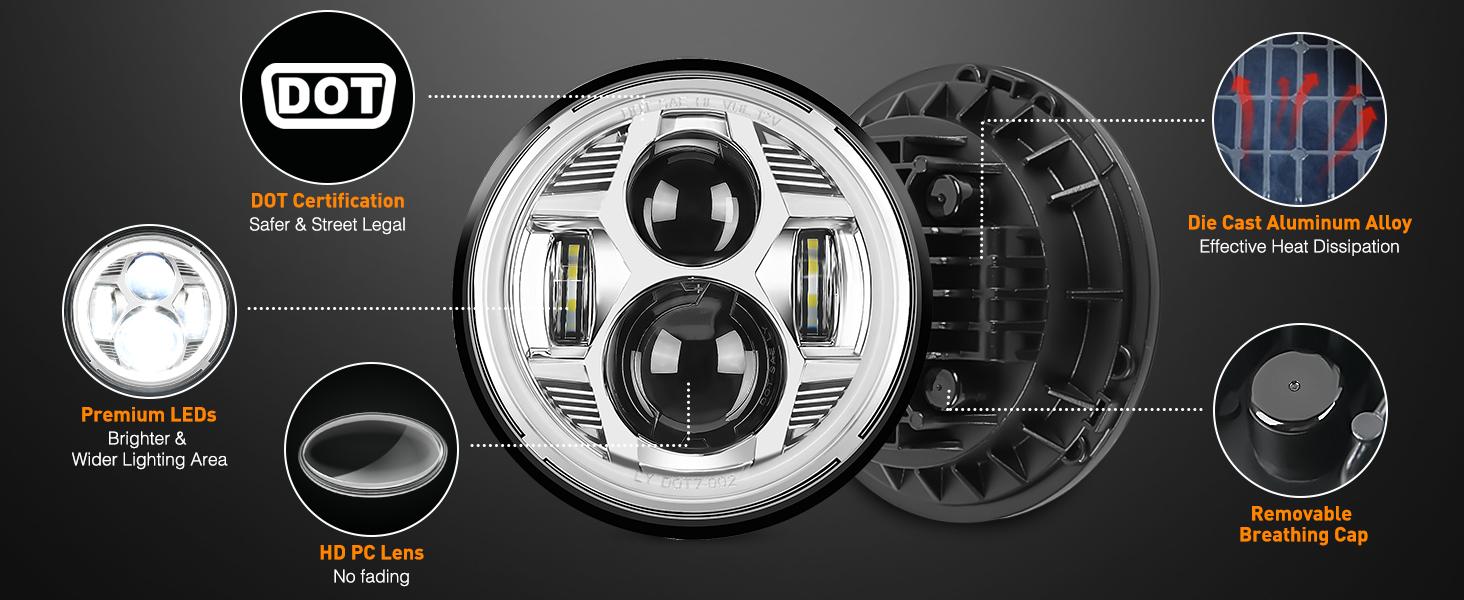 Nilight Motorcycle 7Inch DRL LED Headlights 4.5Inch Fog Lights Chrome Kits