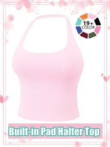 Women's Solid Removable Chest Pad Sports Tank Top, Casual Comfort and Durability Halter Neck Top for Yoga Gym Workout, Ladies Sportswear for All Seasons, Athletic Activewear