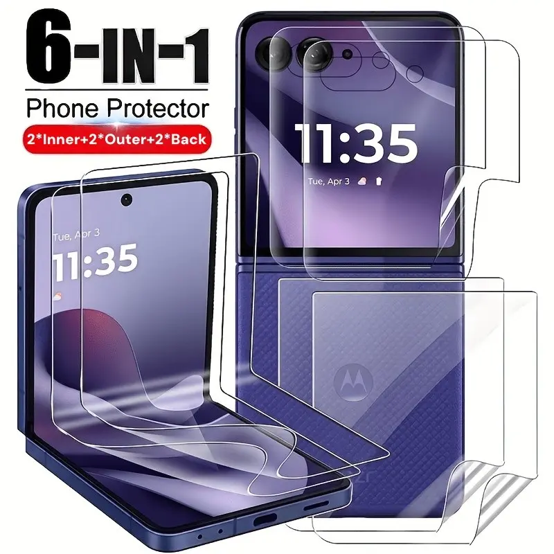 6‑in‑1 HD Hydrogel Screen Protector,Compatible with Moto Razr 70 Ultra,70+,70,60 Ultra,60,Ultra 2026,2026,+ 2026,Includes 2 Inner Screen, 2 Inner Screen, 2 Back Screen,Full‑Coverage Flexible Film,HD Clear,Scratch‑Resistant,Anti‑Fingerprint,Sensitive Touch