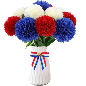 12 Pcs Artificial Chrysanthemums Flowers Patriotic Flower, 4th of July Fake Mums Flowers Silk for Home Decor Indoor Memorial Day Table Centerpiece Vase not Included (12, Red, White, Blue)
