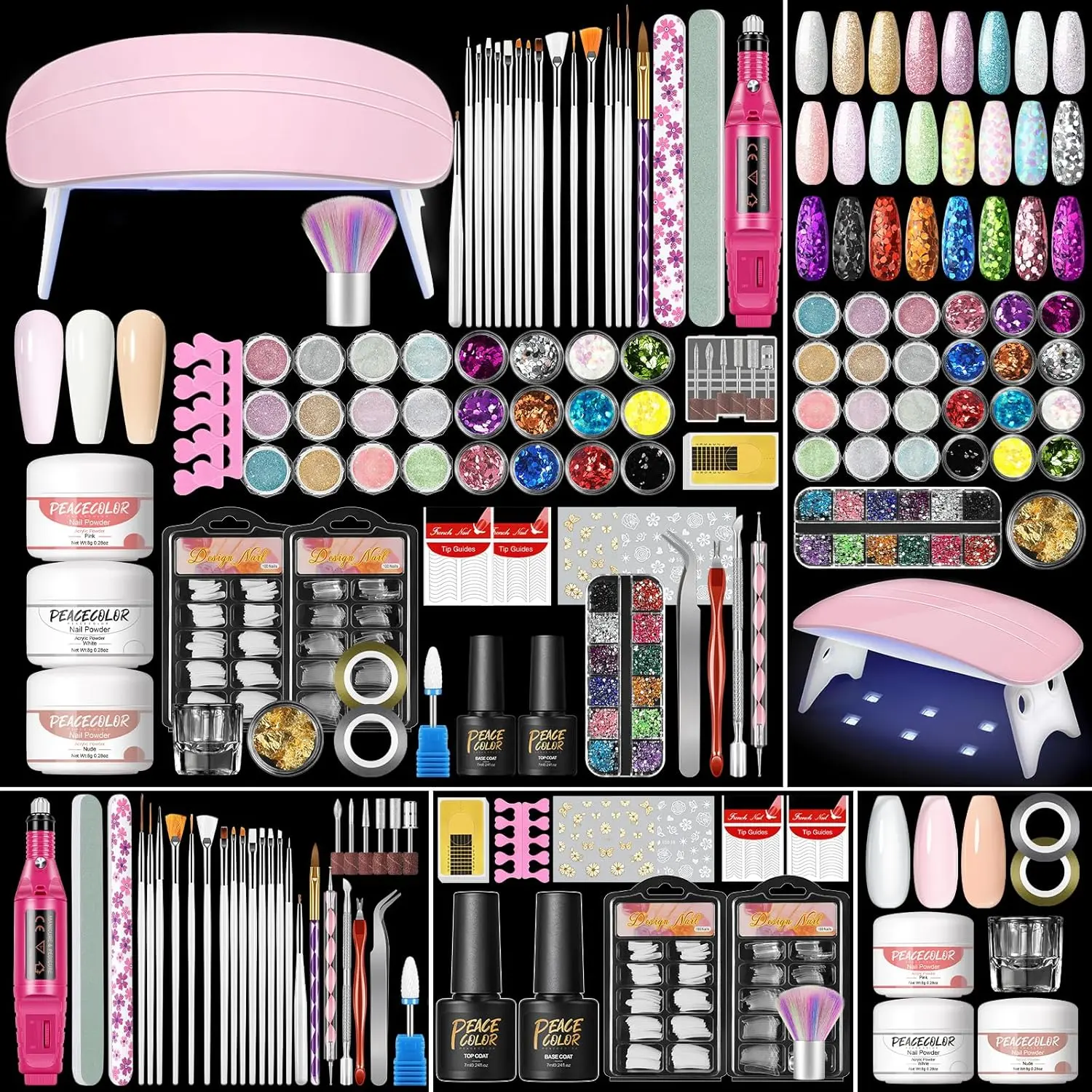 Acrylic Nail Kit with Drill and U V Light, Professional Nail Kit Acrylic Set for beginners with Everything 3PC Powder 24PC Glitter Fake Tips Decoration Nails Set DIY Home Salon