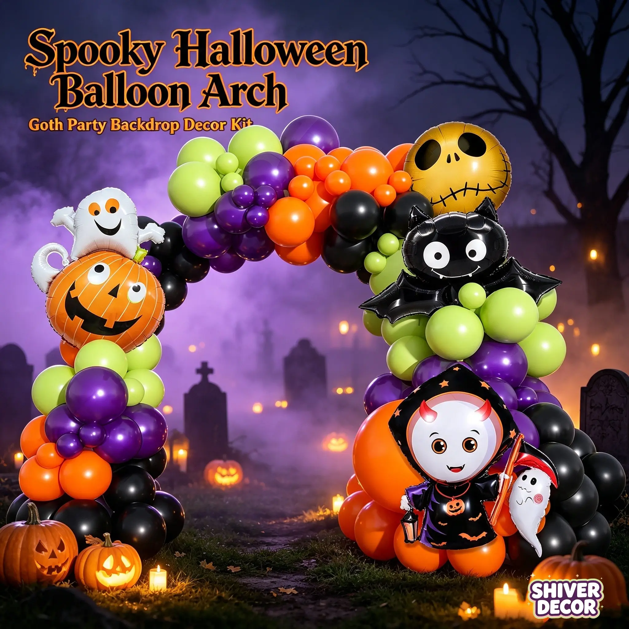 Halloween Balloon Garland Arch Kit 100Pcs, Spooky Goth Pumpkin Bat Jack Skellington Devil Witch Foil Balloons, DIY Latex Balloon Backdrop Decor for Trick Or Treat Party Halloween Birthday Home Wall Decor
