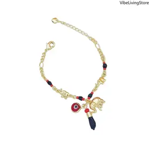 14K Gold Plated Evil Eye Elephant Bracelet for Women, Adjustable Hypoallergenic Bohemian 2 in 1 Bracelet Anklet, Dainty Boho Fashion Jewelry for Daily Wear Beach Vacation Party Birthday Gift