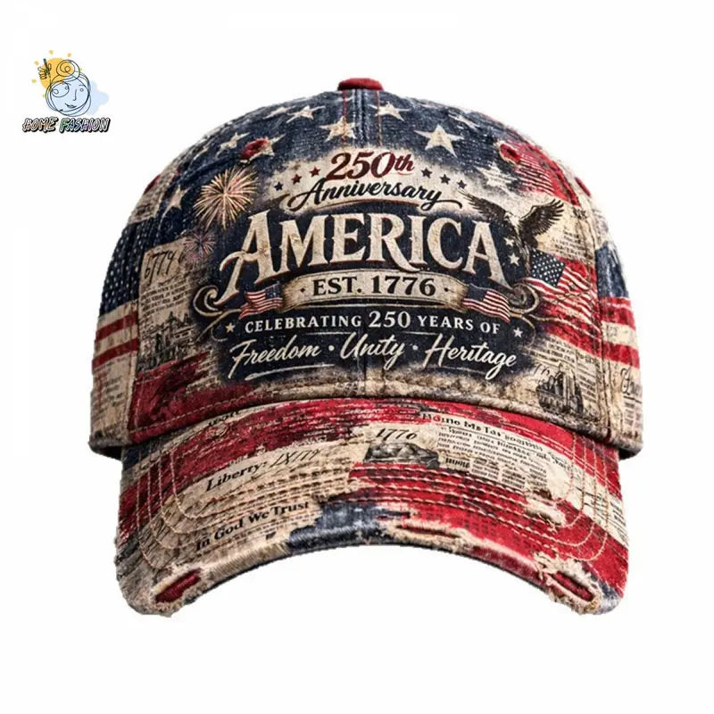 Unisex 250th Anniversary Theme Bold Graphic Baseball Cap - Distressed American Flag Print, Polyester Sun Hat with Independence Badge, Stylish Patriotic Hat, One Size (57-60cm) for Party Use