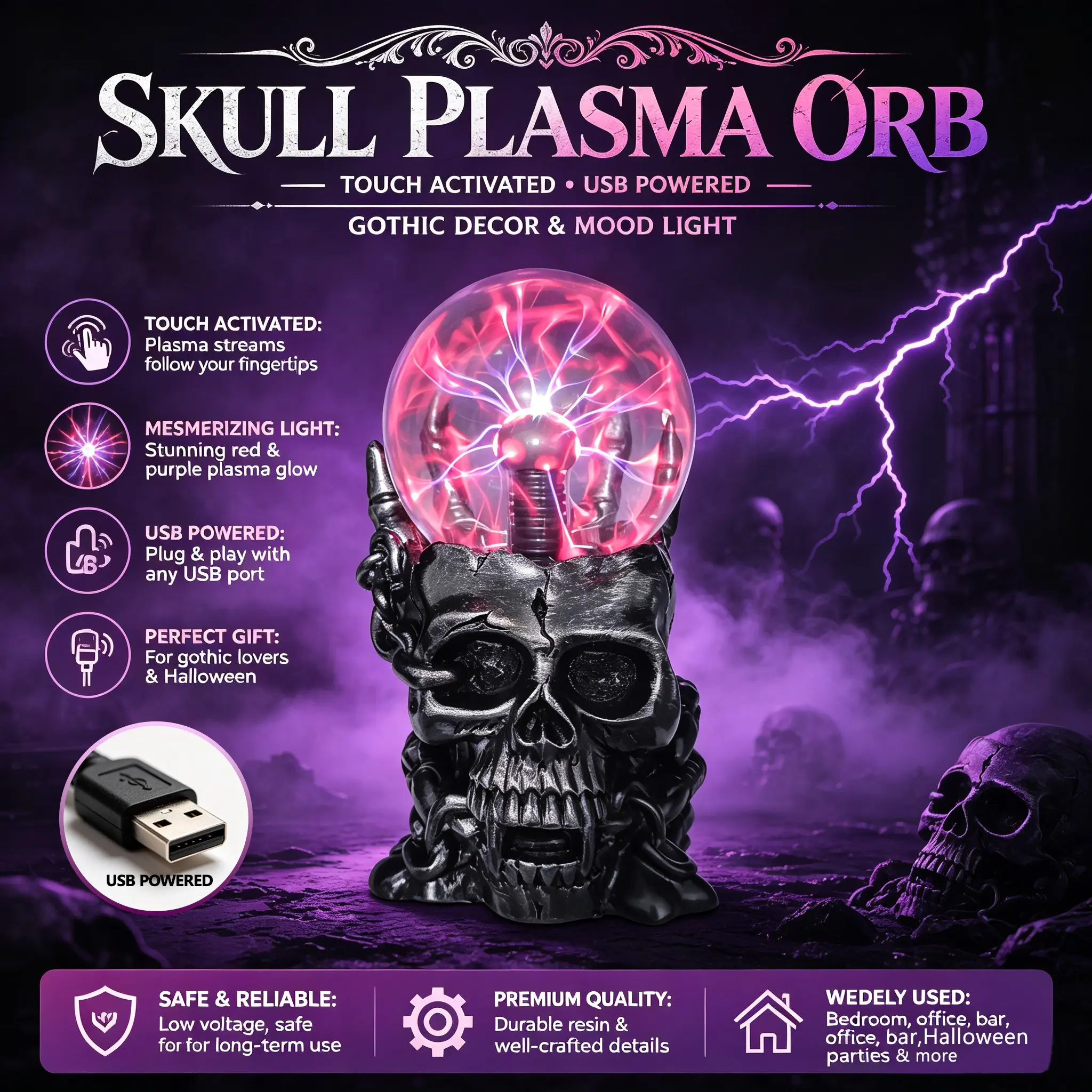 Gothic Skull Plasma Magic Ball, Touch Sensor Glowing Glass Orb, Halloween Decor, Gothic Desk Ornament, Unique Atmosphere Lamp, Interactive Tap Light