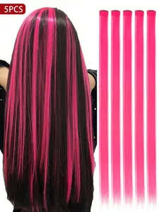 5pcs Synthetic Long Straight Clip-In Extension Hair, 20 Inches Rose Pink Color Hair, Perfect Hair Extension for Women Used Daily ,Party,Cosplay,New Year, Carnival, Music Festival, Halloween, Christmas Party Gifts