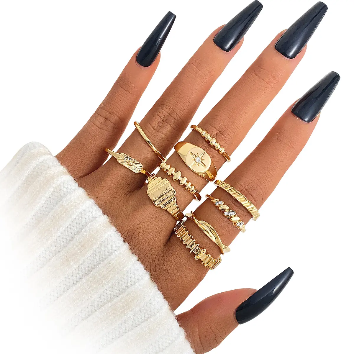 Women's 10-Pcs Gold Knuckle Rings Set - Boho Style, Dainty Stacking, Vintage Starburst Signet, Rhinestone Decor Band Jewelry for Daily-Party Use, Sports & Outdoor Accessories Compatible Gift, Boho Style Rings, Dainty Stacking Rings