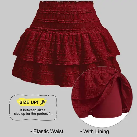 Women's Pleated Ruffled Mini Skirt with Lace High Waist Woven Attached Leggings Gathered Double-Layer Flared Design Comfortable, Soft, Breathable Fabric Short Skirt Suitable for Outdoor Leisure Activities Daily Wear Back to School Fit