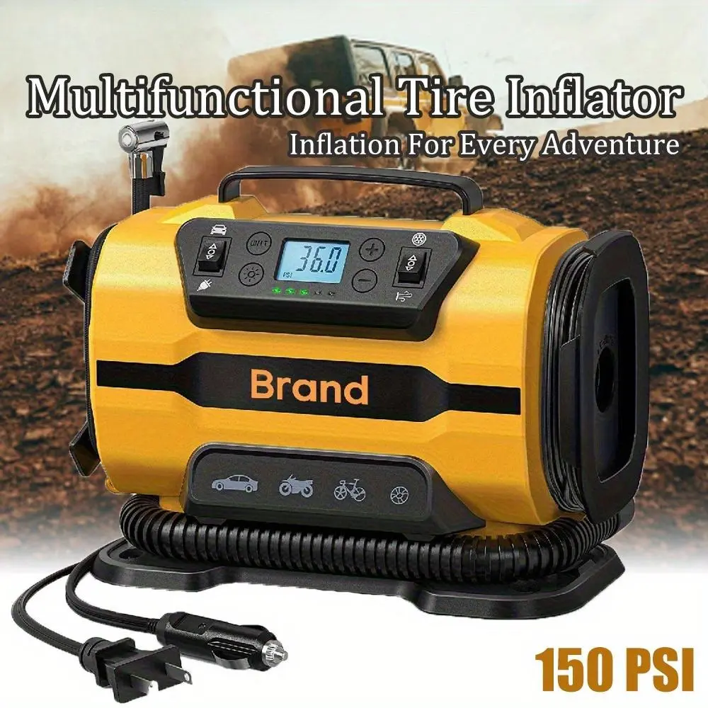 150PSI Portable High Pressure Pump Tire Inflator - Dual Power 110V AC & 12V DC Air Compressor with Digital Gauge & LED Light, Compact Design for Cars/SUVs/Boats/Bicycles/Motorcycles, Sleek Metallic Finish, Durable Constru