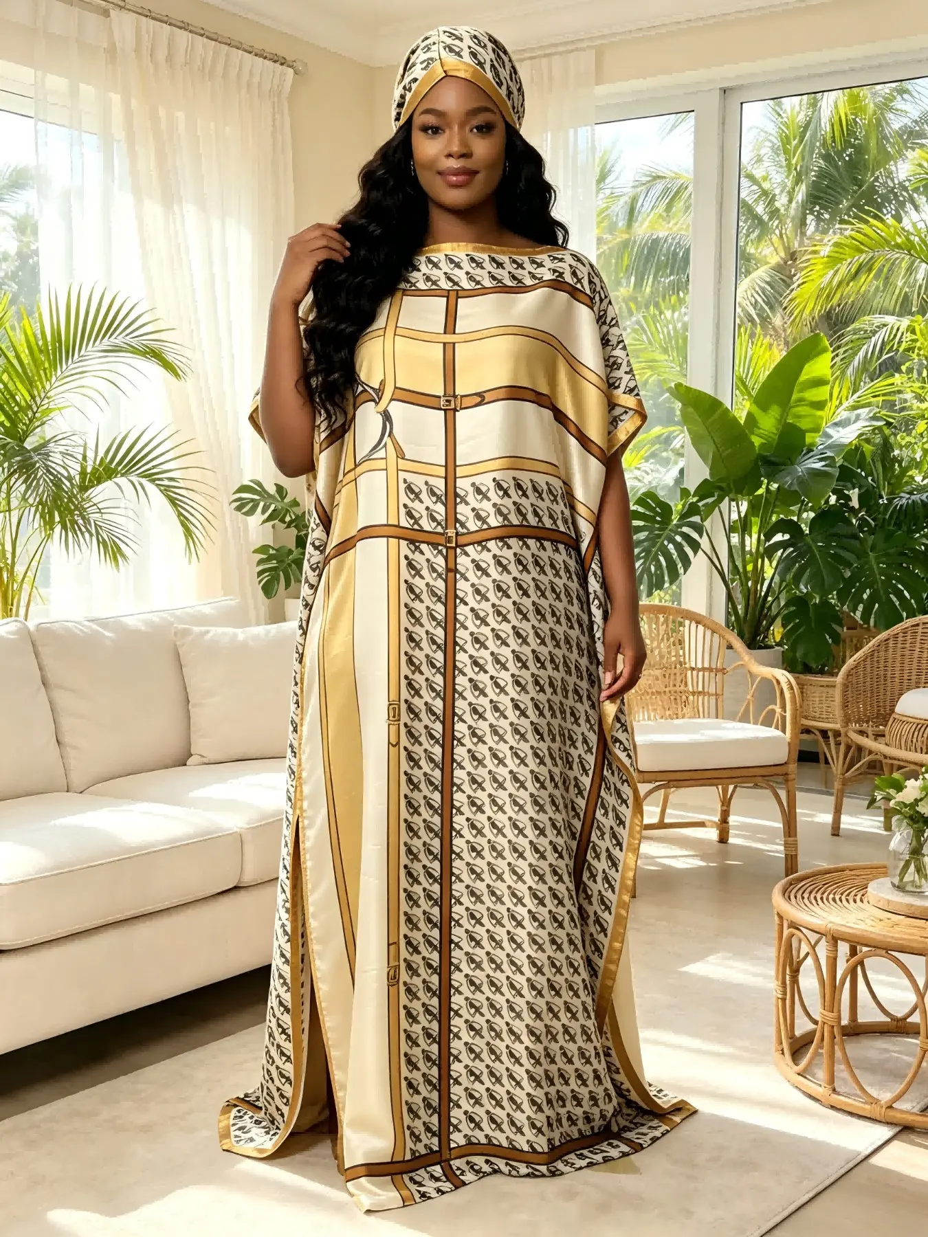 Plus Size Women's Two-Piece Satin Kaftan Dress Set, Vintage Geometric Print, Loose-Fit, Home & Beach Wear, Includes Matching Headscarf
