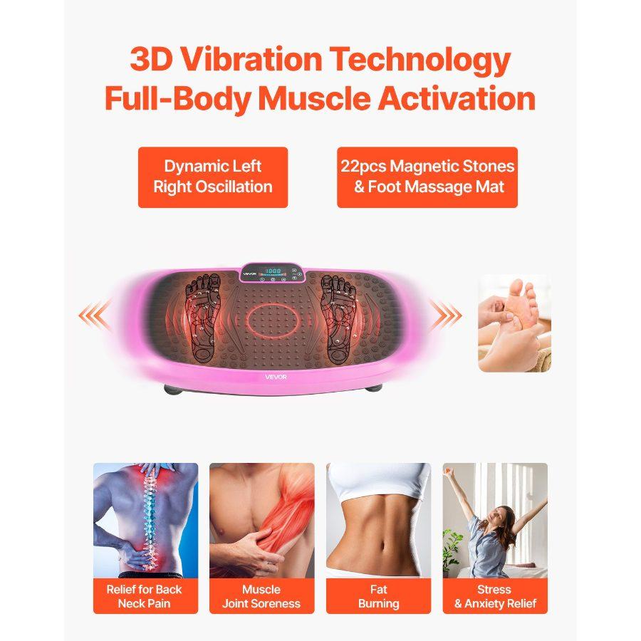 VEVOR Vibration Plate Exercise Machine, Full Body Shaker with Magnetic Acupoints for Lymphatic Drainage and Weight Loss, Home Gym Workout Fitness Equipment with 2 Resistance Bands for Women Men, Pink