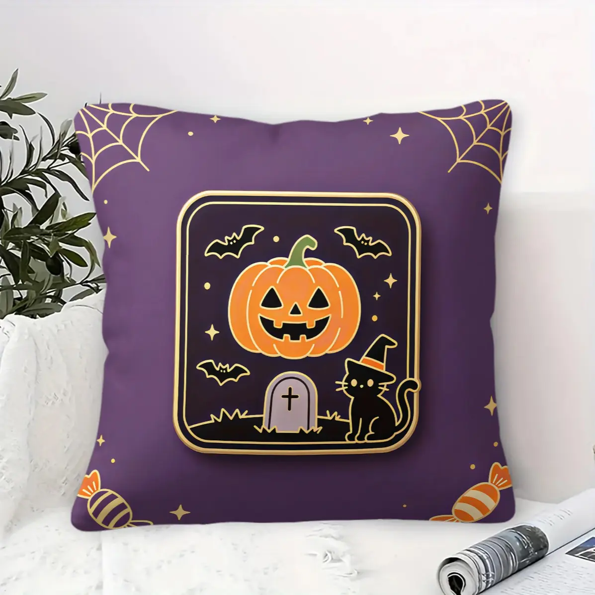 45x45cm 1Pc Halloween Throw Pillow, Cute Ghost Pumpkin Print, Spooky Room Decor Cushion With Insert