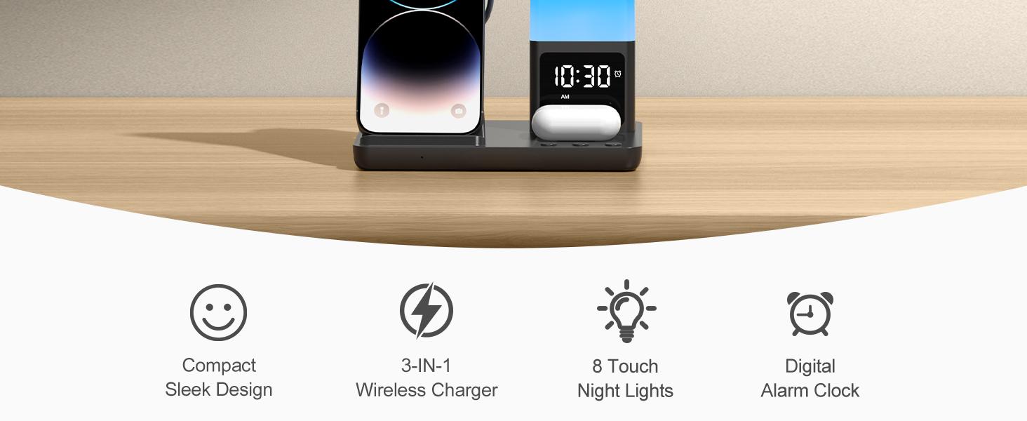 Wireless Charging Station Alarm Clock with 8 Touch Night Lights: 5 in 1 Charger Stand for Apple Devices - Charging Dock for iPhone 17 16 15 14 13 12 Pro Max Plus/Apple Watch/AirPods, Dimmable
