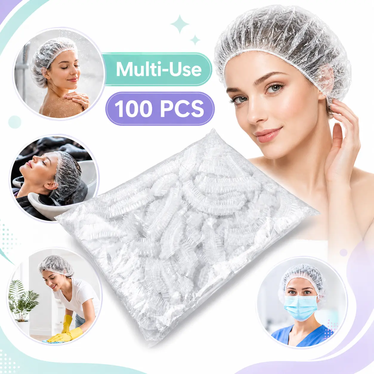 100 Pack Disposable Shower Caps, Clear Waterproof Plastic Hair Caps with Elastic Edge for Women, Home, Hotel, Travel, Spa and Hair Salon