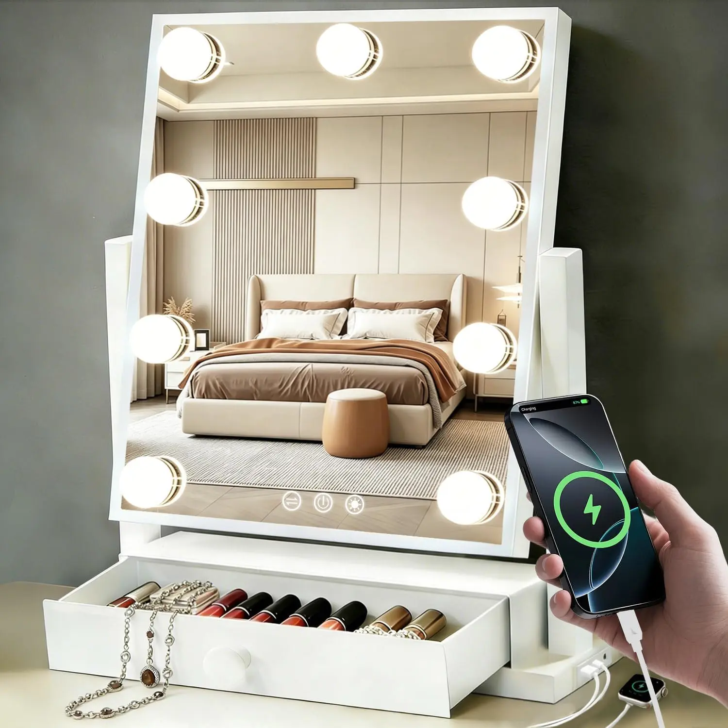 Mirror with Lights with Drawer, Type-C and USB Charging Port, Hollywood Makeup Mirror with 9 LED Bulbs, 3 Colors Dimmable,, Detachable 5X Magnification, Gifts for