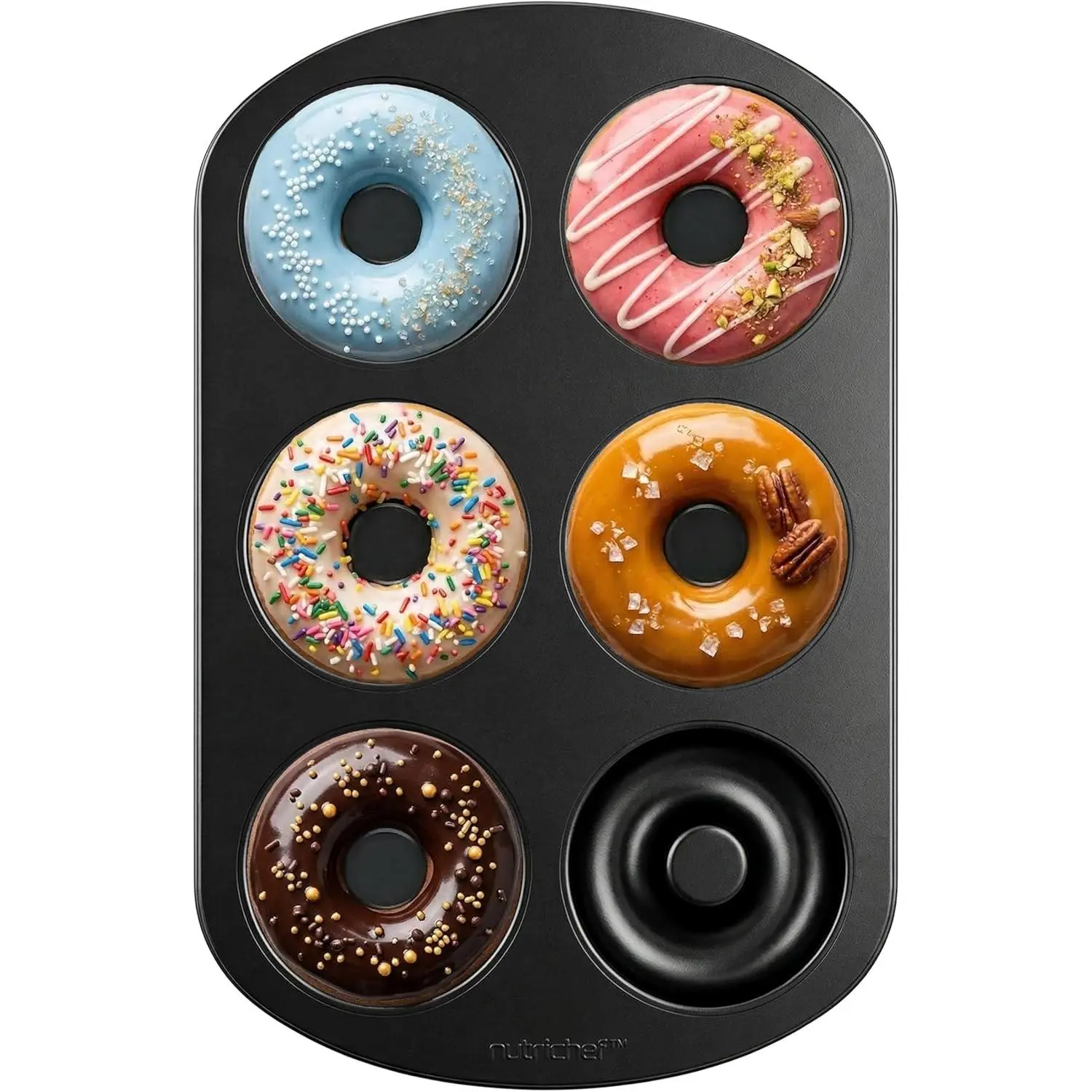 Donut Mold | Nonstick Carbon Steel Donut Pan for Baking | 6-Cavity Tray with Bagel Mold Design | Oven Safe up to 450°F | Stainless Steel 12.5 x 8.5 Inch Bakeware | Black