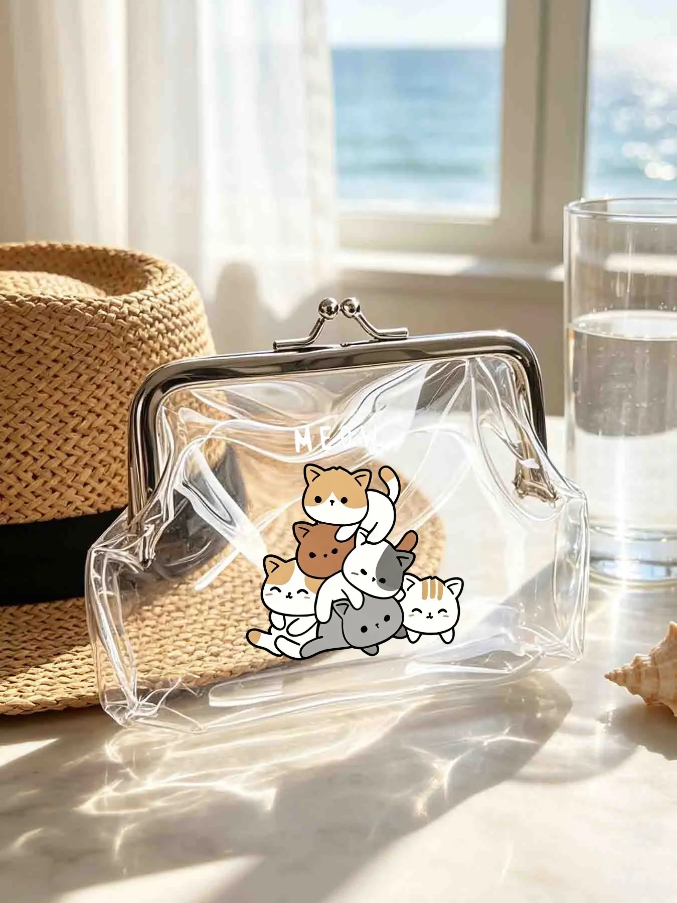 Transparent PVC Cat Print Mini Coin Purse, Waterproof Metal Frame, Casual All-Season Accessory, Perfect Gift for Friends