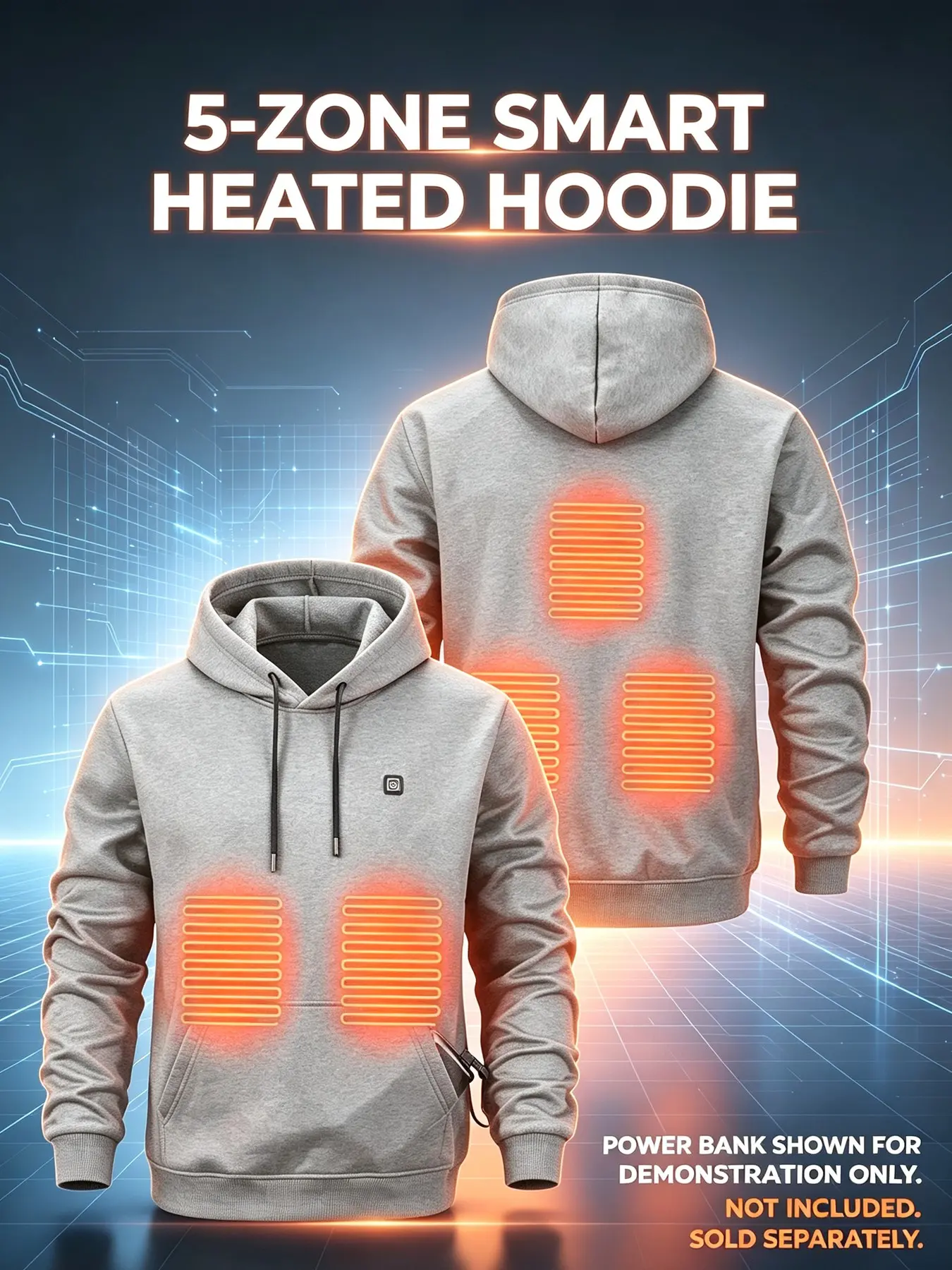 Men's Heated Hoodie, Electric Heating Sweatshirt, Five Zone Smart Warmth, Winter Cozy Loose Fit, No Battery Included, Connect to Power Bank