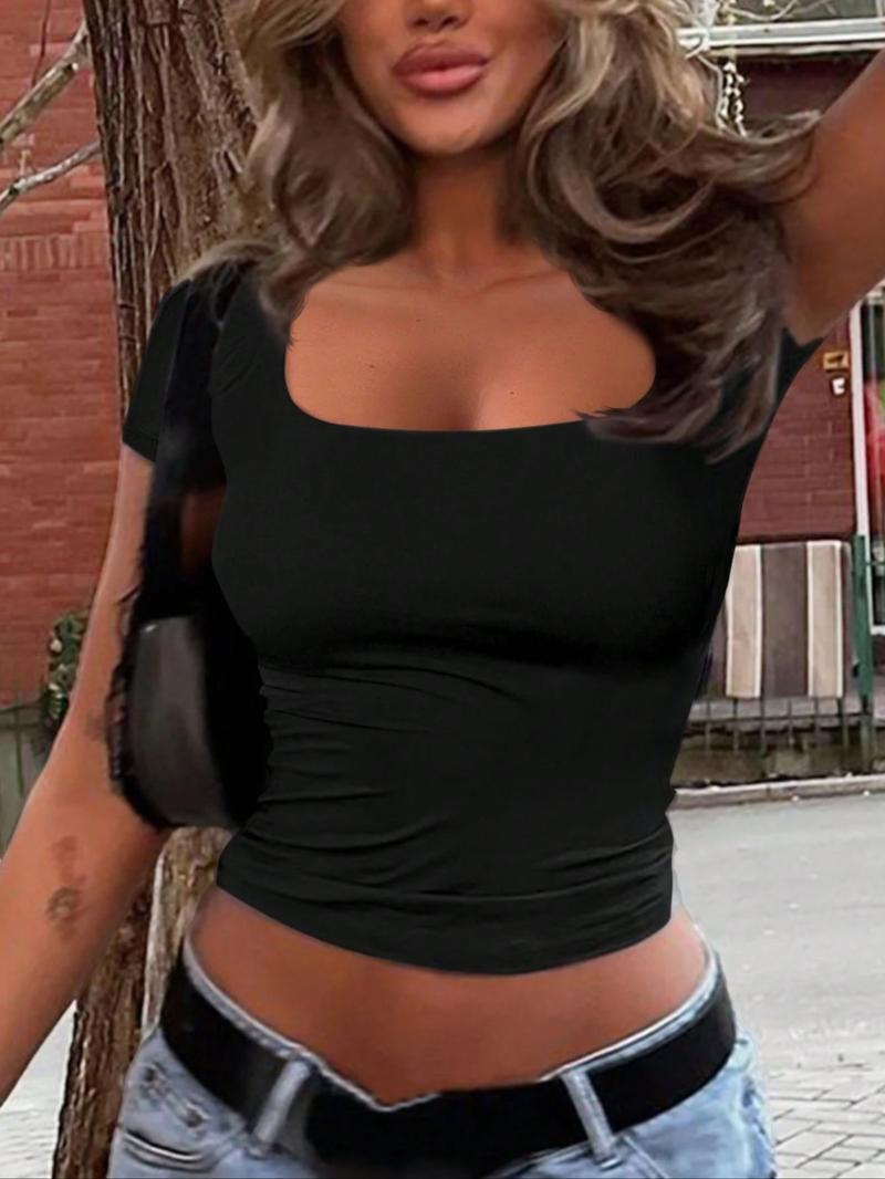 Women's Solid Color Cropped Tee, Casual Slim-fitting Cap Sleeve T-shirt, Ladies Clothes for Daily Wear, Summer Tops, Casual Chic Minimalist