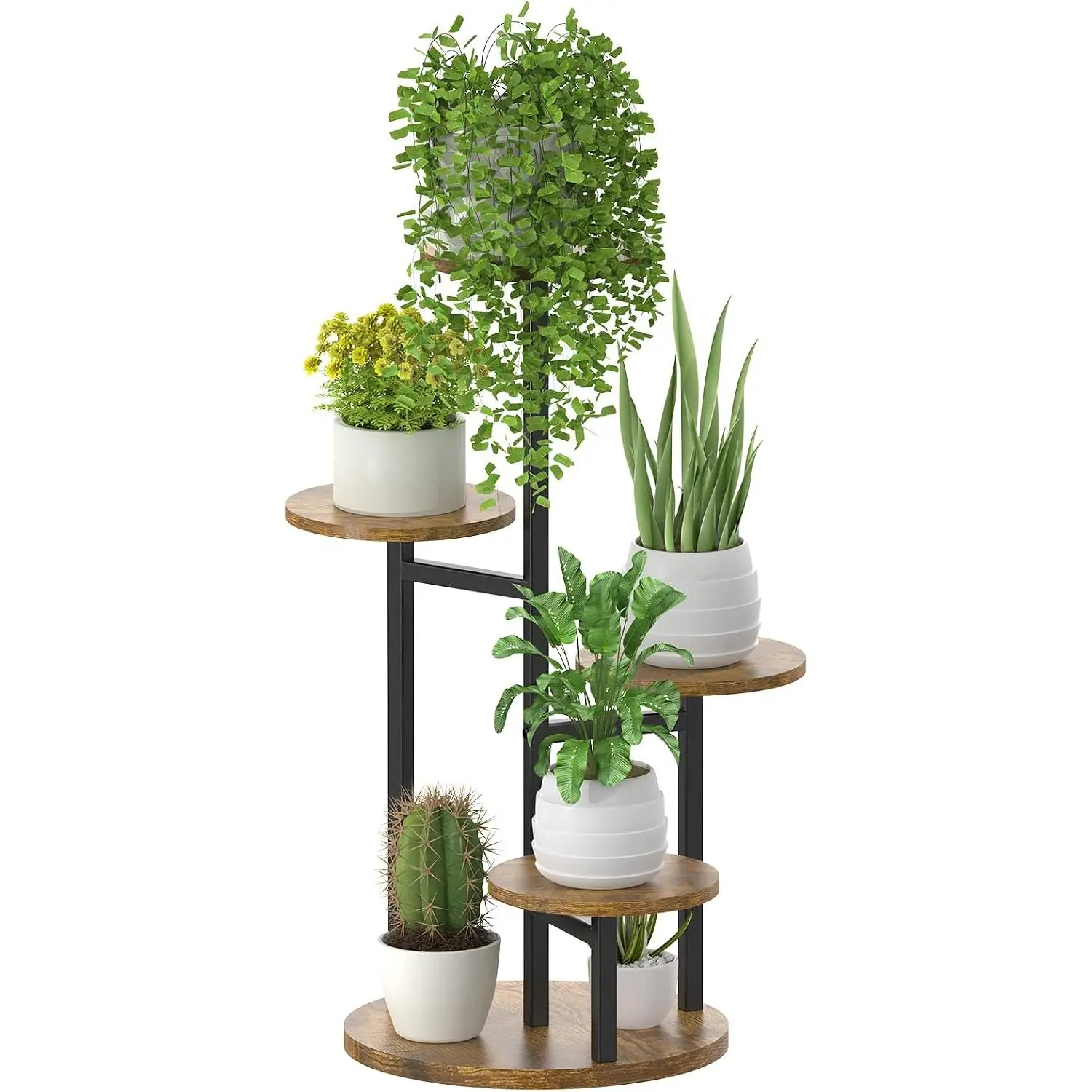 5 Tier  Stand Indoor, Metal  Flower Holder, Heavy Duty Tall Round Multiple Shelf, Sturdy Spiral Planter Orchid Display Rack for House Living Room Patio Corner Bathroom, Modern Black