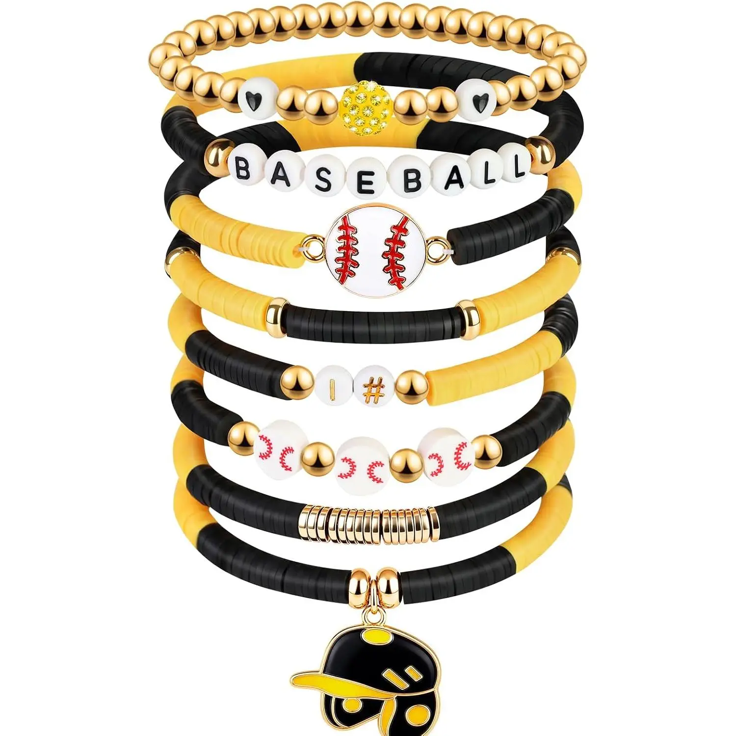 Polymer Clay Bracelets, 8-Piece Modern Baseball Theme Beaded Set for Women | Game Day Men's Accessories with Beaded Pendants & Fan Gifts, Game Days, Stackable Set