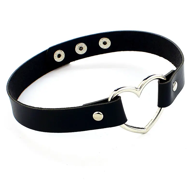 Love Heart Adjustable Leather Choker Punk PU Necklace Goth Choker Soft Collar Chain for Women