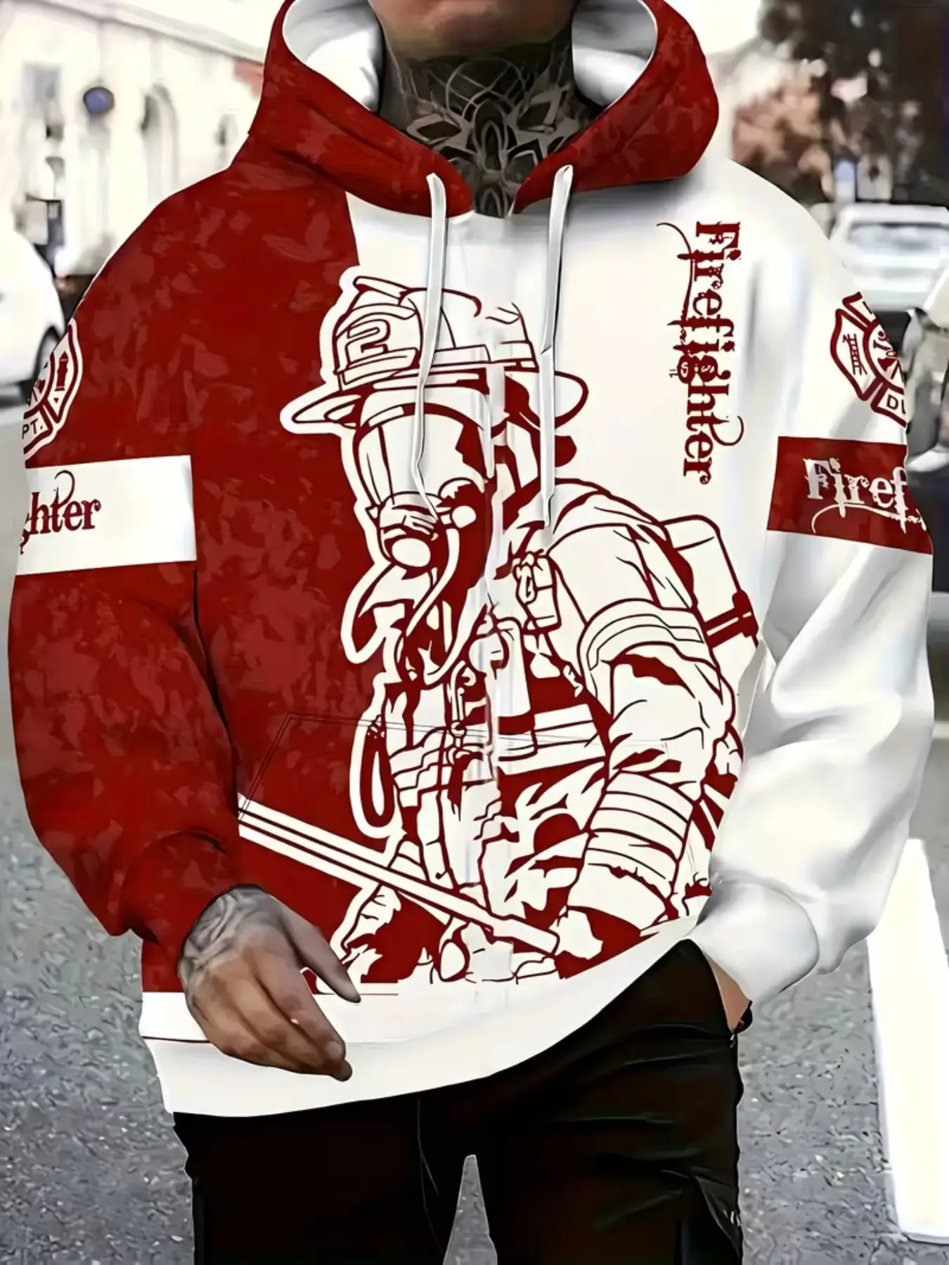 Men's Firefighter Pattern Hooded Jacket, Loose Fit with Drawstring Hood and Pockets, Long Sleeve Casual All-Over Print Sweatshirt, Casual Fashion Sweatshirt, Casual Streetwear Sweatshirt