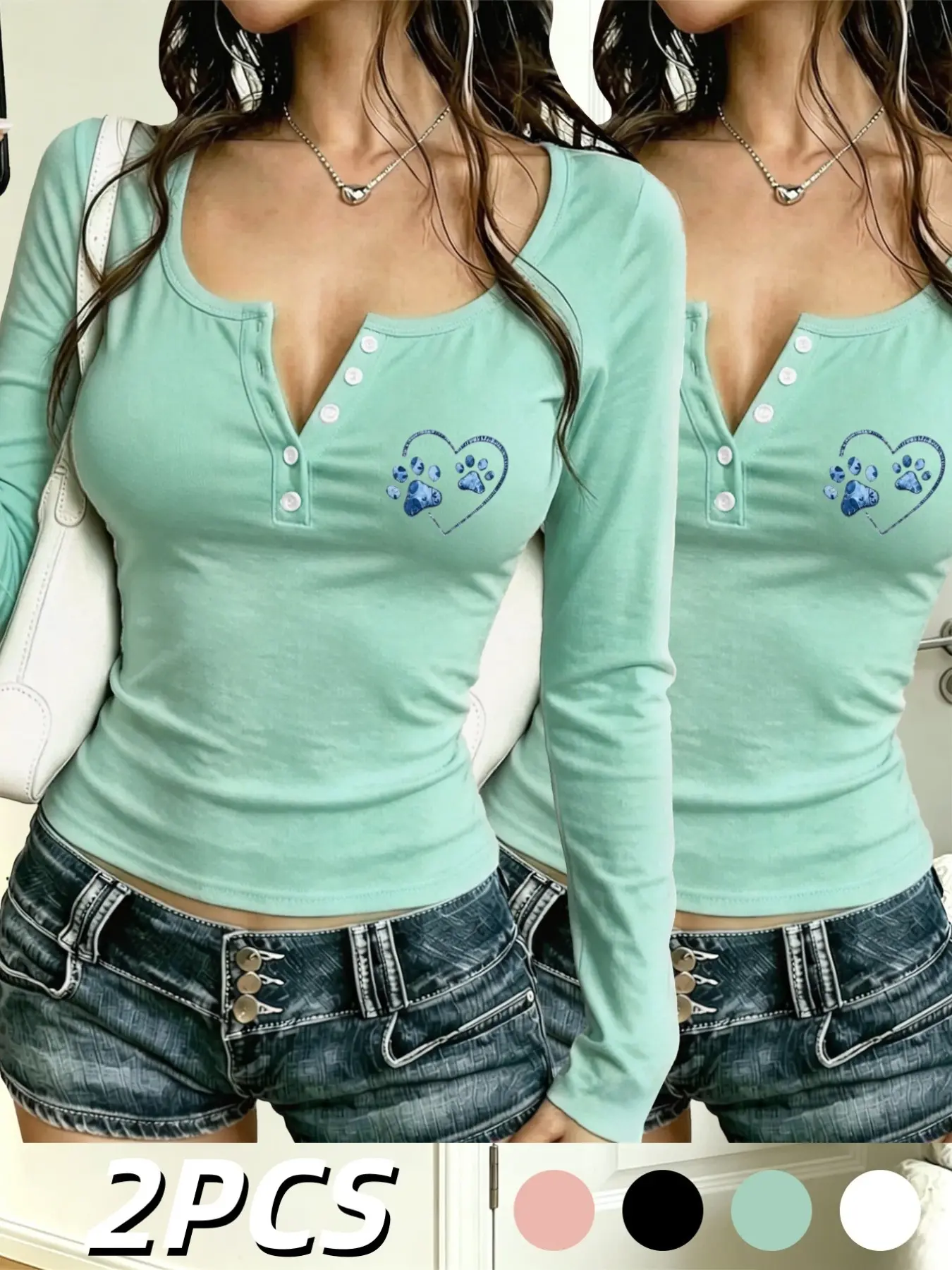 Women's Long Sleeve Henley T-Shirt, Heart Paw Print Graphic, Fitted Sexy Style, Spring & Fall, Compression Wear, Two-Piece Set