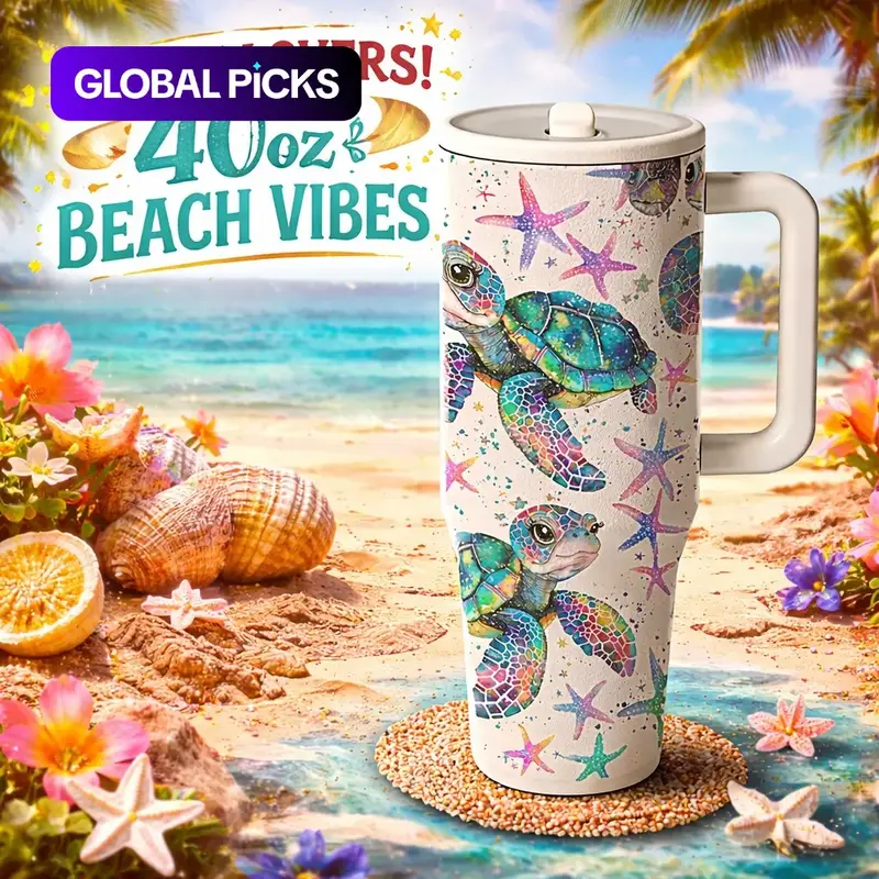 AuraCup 40oz Insulated with Handle, Lid and Straw, Stainless Steel Vacuum Travel Mug, Insulated Flask, Insulated Tumblers, Sea Turtle Ocean Print, Large Capacity for Hot & Cold Drinks, Coffee Mug for Car Office Outdoor Use, Drinkware #GLOBAL PICKS