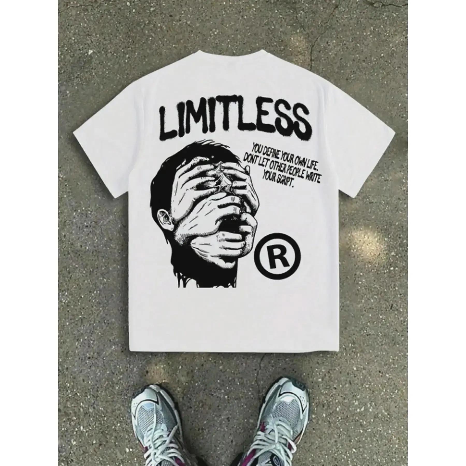 Vintage Acid Washed LIMITLESS Motivational Quote Grunge Face Graphic Oversized T-Shirt Unisex Men Women Heavyweight Cotton Urban Alt Streetwear Crew Neck Short Sleeve Black White Loose Boxy Tee Gift For Hustle Self-Growth Aesthetic Fans, All Seasons, Basi