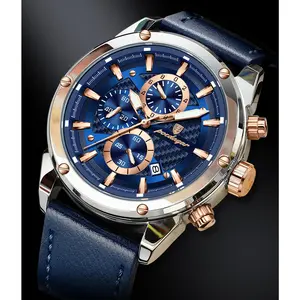 Men's Multifunction Chronograph Watch, Luminous, 50M Water Resistant, Genuine Leather Strap, Onion Crown, 41mm