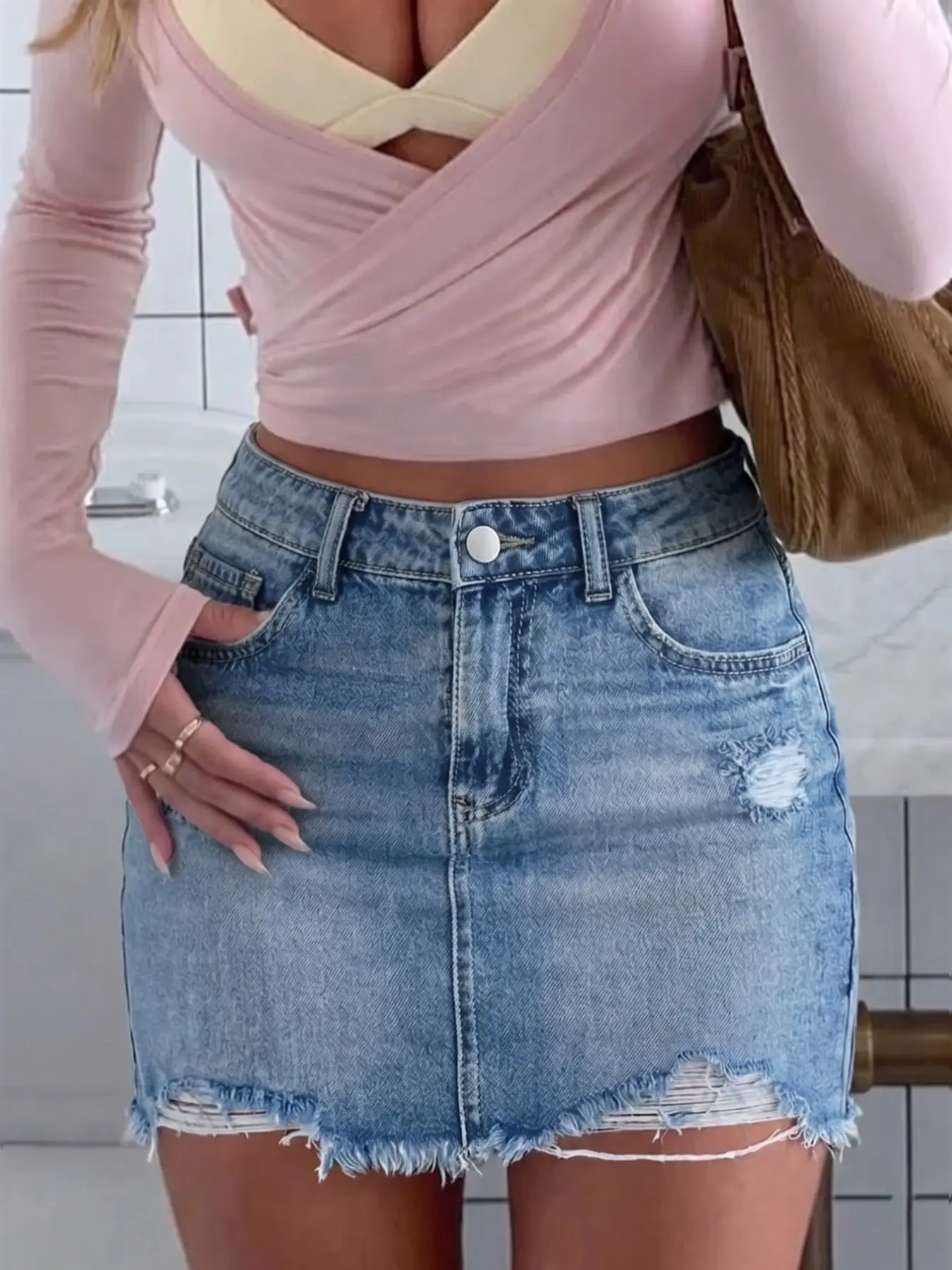 Women's High Waisted Denim Mini Skirt, Button Closure, Distressed Ripped Hem, Pockets, Y2K Style Aesthetic, Casual Streetwear for Parties and Festivals
