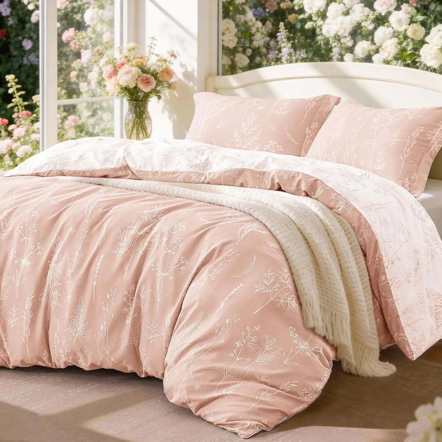 Comforter Set - Queen Size Comforter Set, 3 Pieces Cute Floral Bedding Sets for All,1 Soft Reversible Botanical Flowers Comforter and 2 Pillow Shams