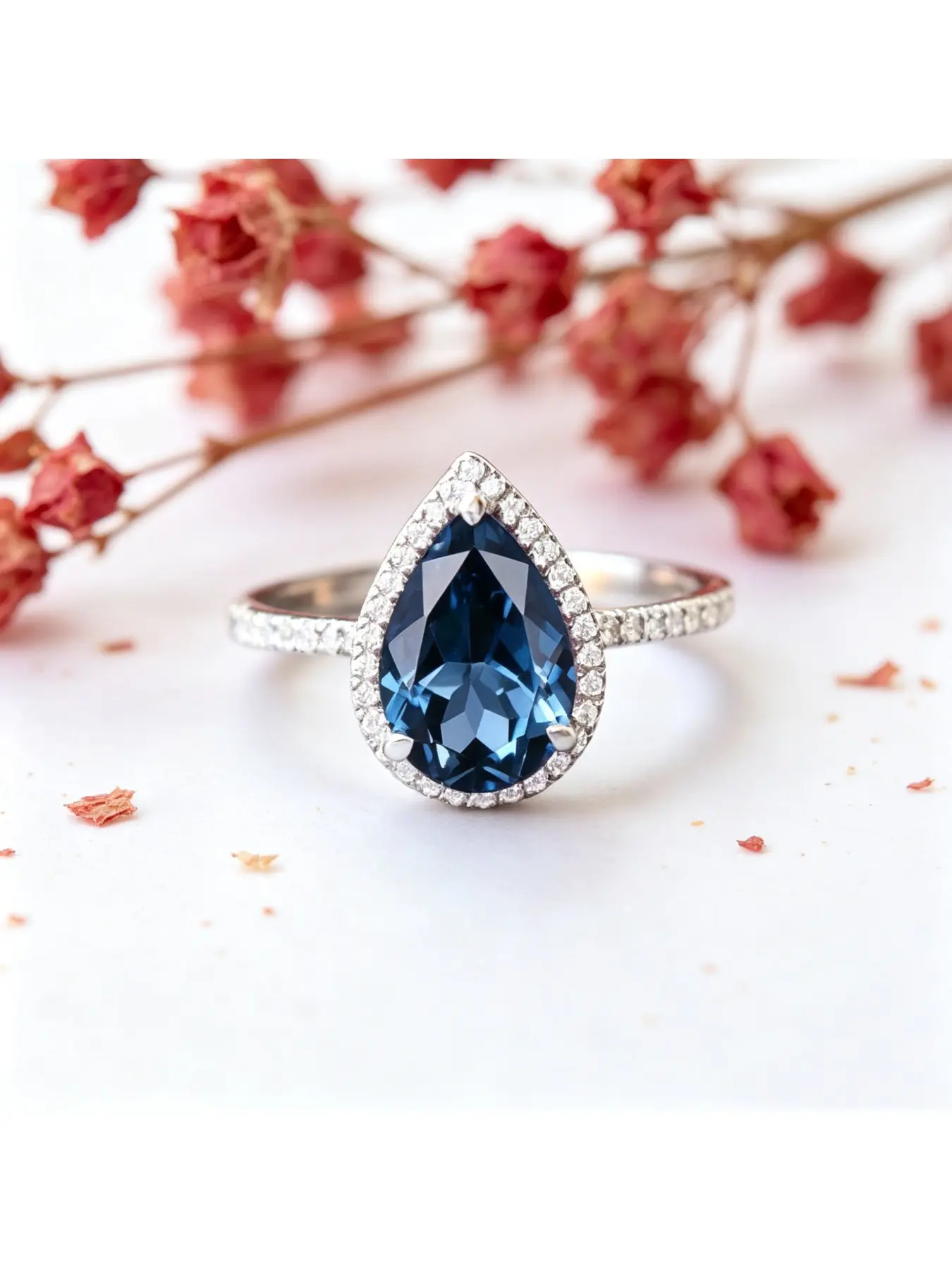 Pear Shaped Deep Blue Single Halo Paved Silver Engagement Ring, Bridal Ring, Elegant Luxury Gift for Women, Fully Micro Pave Slim Band for Everyday Wear, Perfect for Christmas Balls, Valentine Dates and Seaside Proposal Occasions