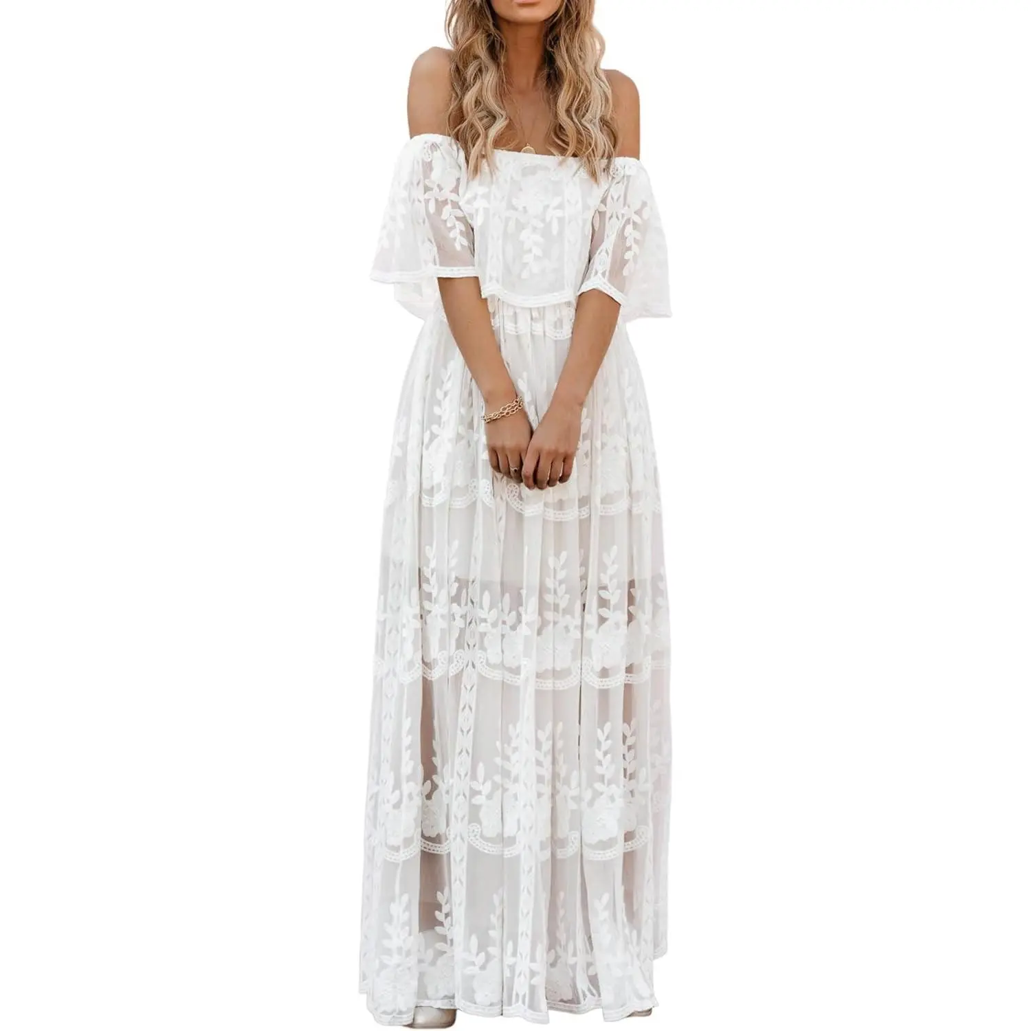 Women's Casual Off Shoulder Lace Maxi Dress Boho White Bridesmaid Wedding Evening Party Dresses