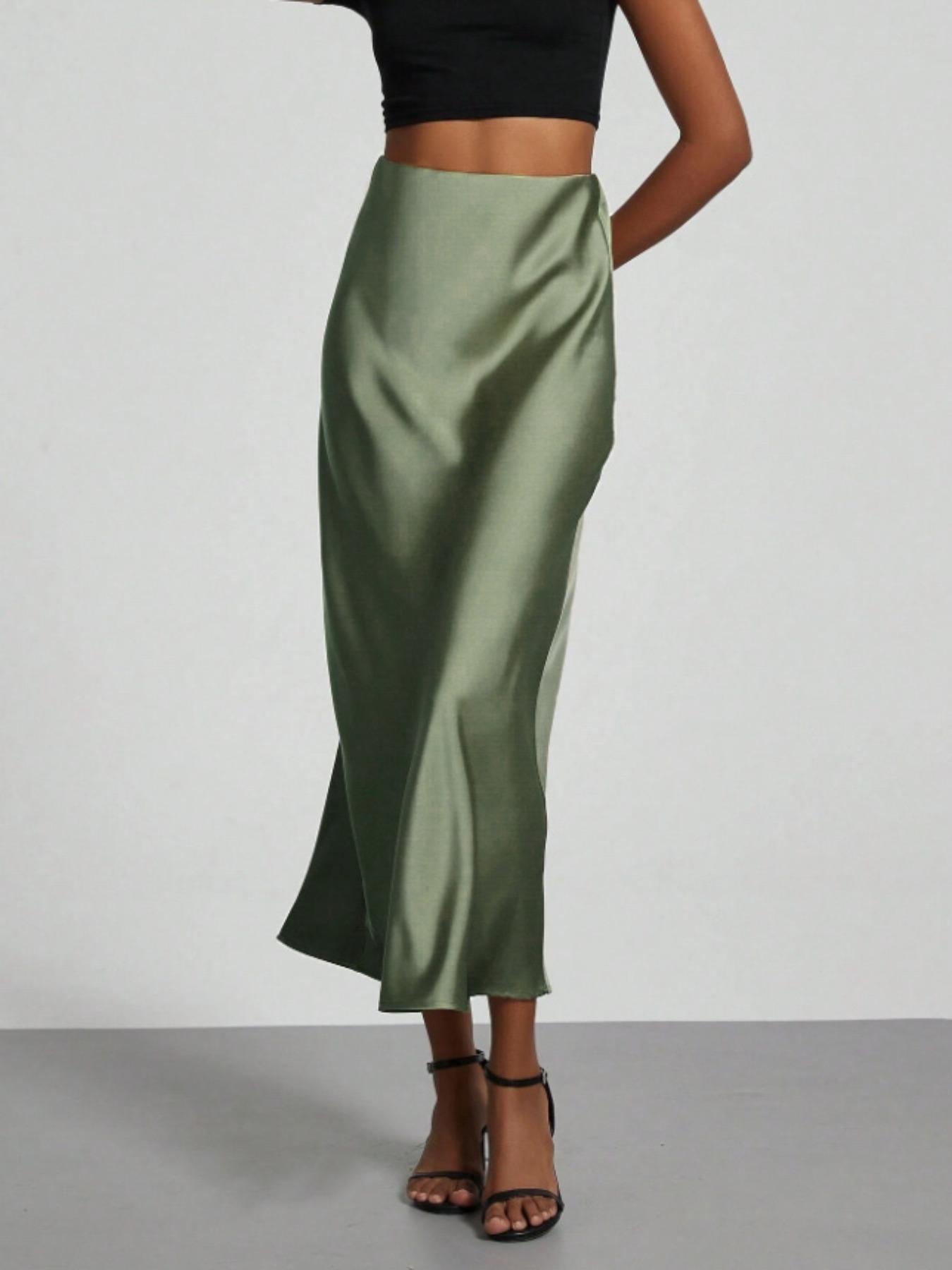 Women's Solid Color Satin Slim Skirt, Elegant Fashion Skirt for Work Office Business, Ladies Clothes for All Seasons