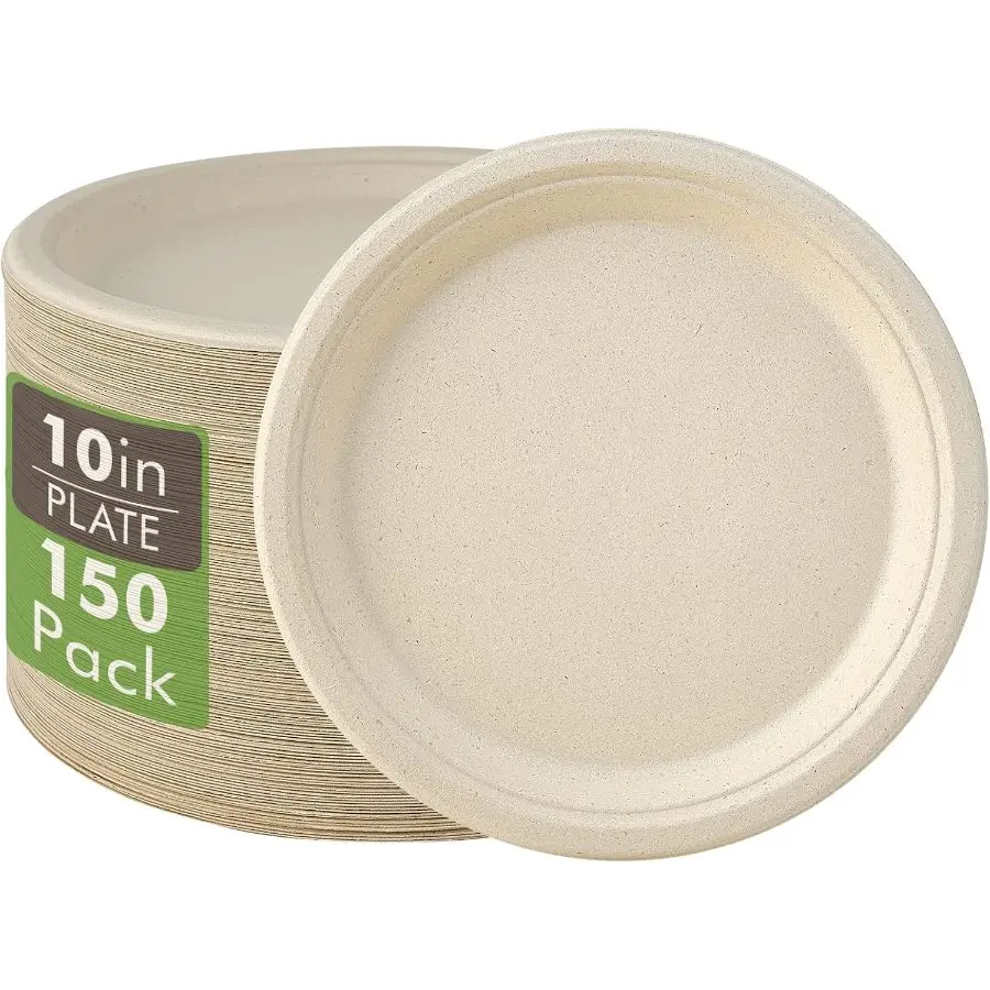 Vplus 150 Pack Compostable Disposable Paper Plates 10 inch Super Strong 100 Bagasse Natural Biodegradable Eco-Friendly Sugarcane Plates(nature)