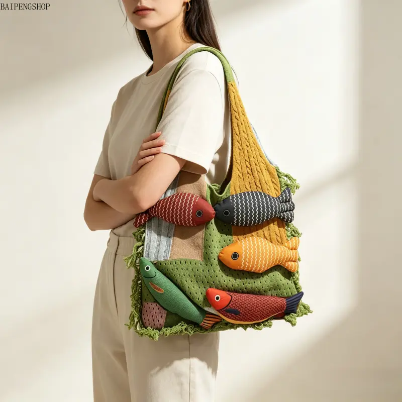 Women's Retro Hollow Knit Pure Cotton Shoulder Tote Bag - 3D Fish Shape, Tassel Hem, Color Block, Urban Simplicity Texture, Large Capacity Bag for Summer Vacation, Daily Shopping