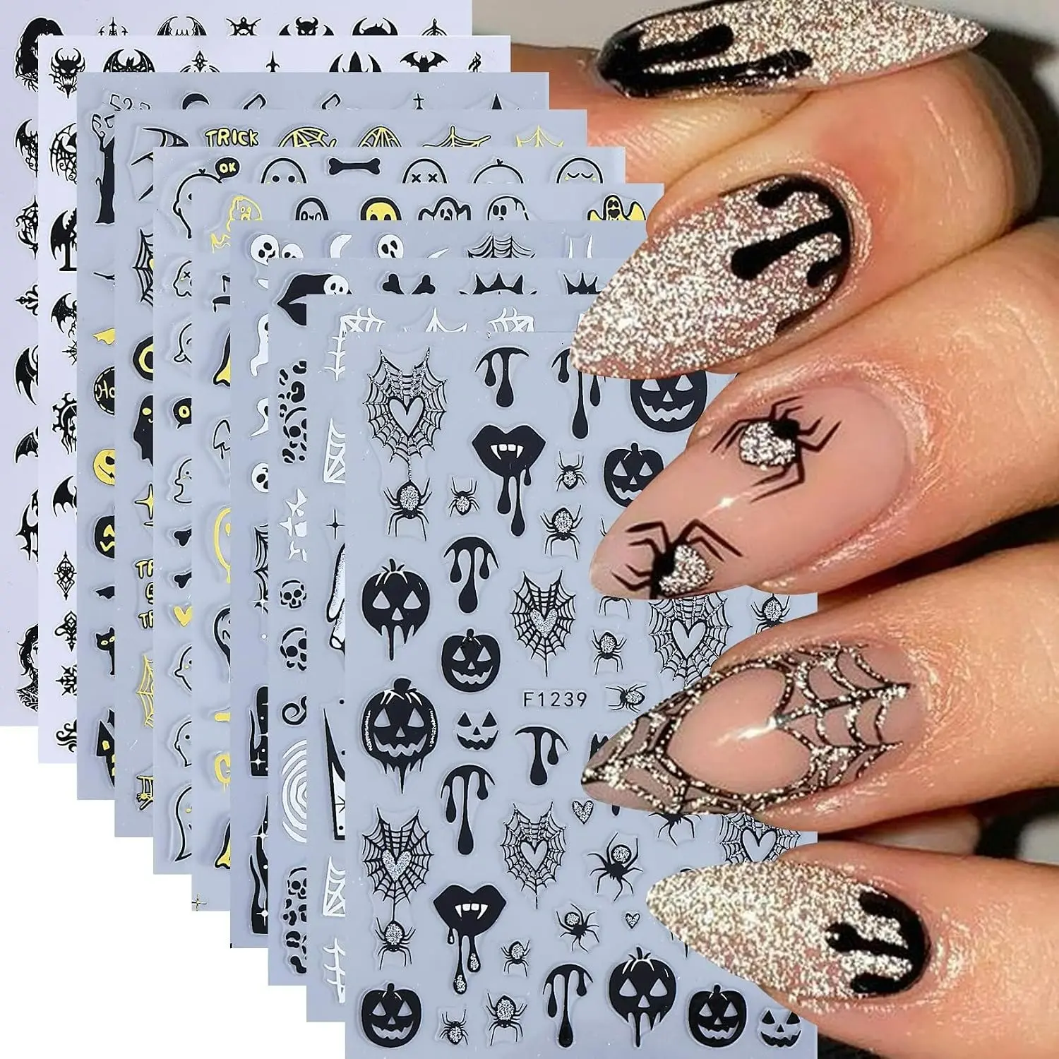 10 Sheets 3D Gitter Gothic Halloween Nail Stickers for Nail Art, Glitter Ghost Bat Spider Nail Decals Skull Web Pumpkin Witchy Designs, 3D Self-Adhesive Nail Art Stickers DIY Supplies for Manicure Decorations