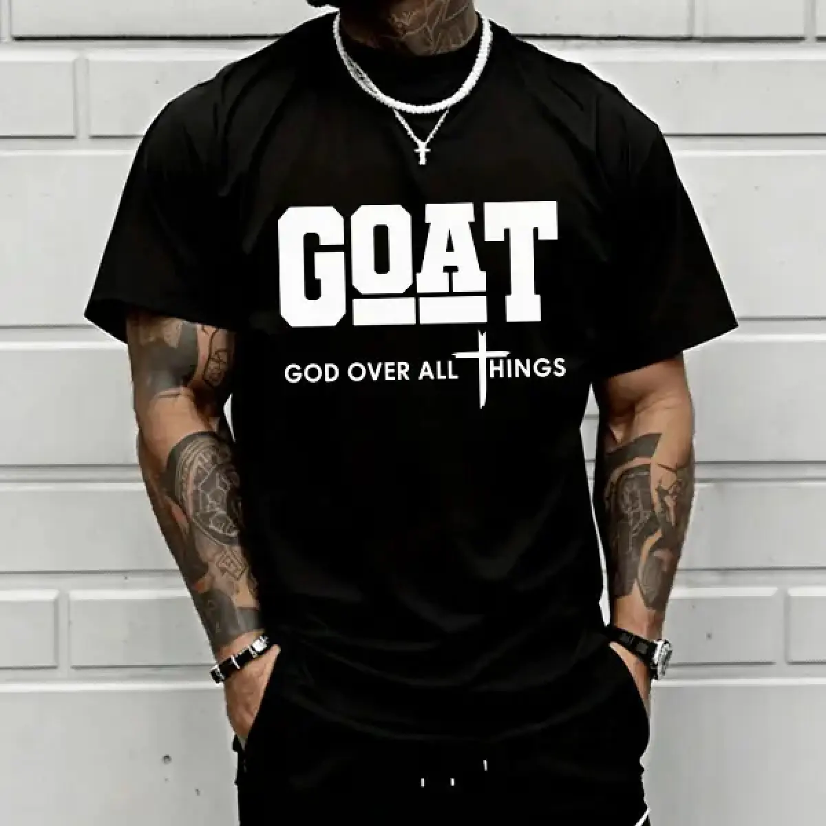 "God Over All" graphic T-shirt for men,  breathable streetwear short sleeve, urban faith style casual tee for everyday outdoor wear - trendy Christian casual top, short sleeve, menswear, T-shirt, crew neck