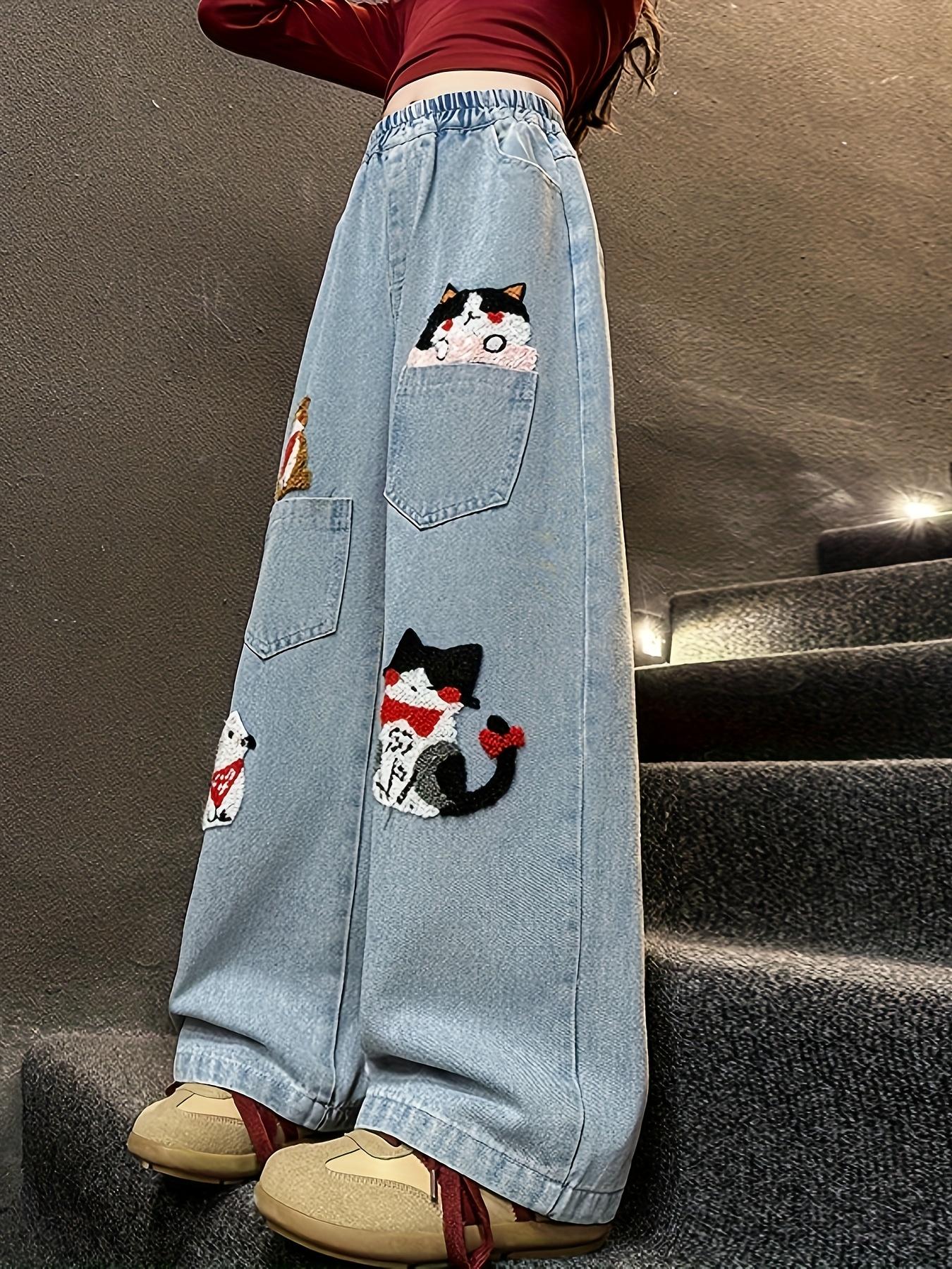 (New)Elastic Waist Straight-Leg Loose Fit - Girls' Cartoon Animal Embroidered Jeans - Casual Pants with Cute Cat & Dog Designs - Light Blue Denim for Spring Summer Fall - Outdoor Play, Dance, and School - Cute Jeans - Playful Design - Comfortable Fit