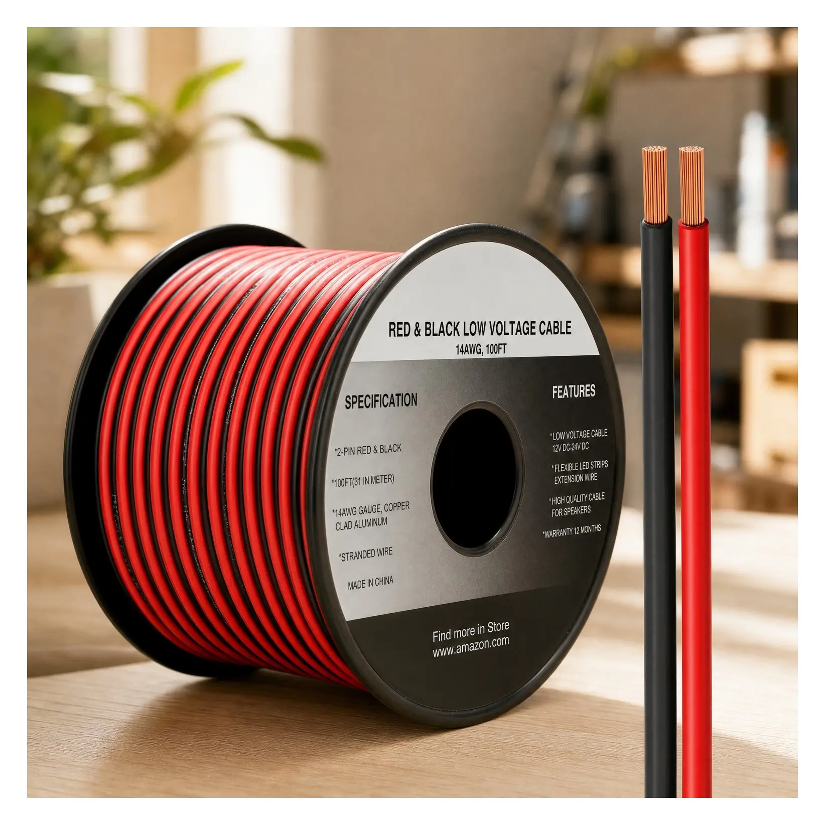 100FT 14/2 Gauge Red Black Electrical Wire 12V/24V DC, 14AWG Flexible Extension Cord for LED Strip Lights, Ribbon Lamp Tape LightingGift