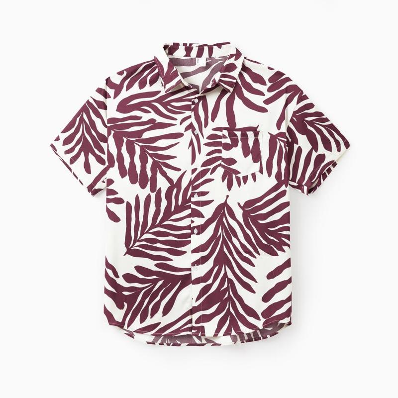 PatPat Family Matching Outfits Red Leaf Print Shirts and Strap Belted Dress for Hawaii/Cruise/Resort/Casual Wear