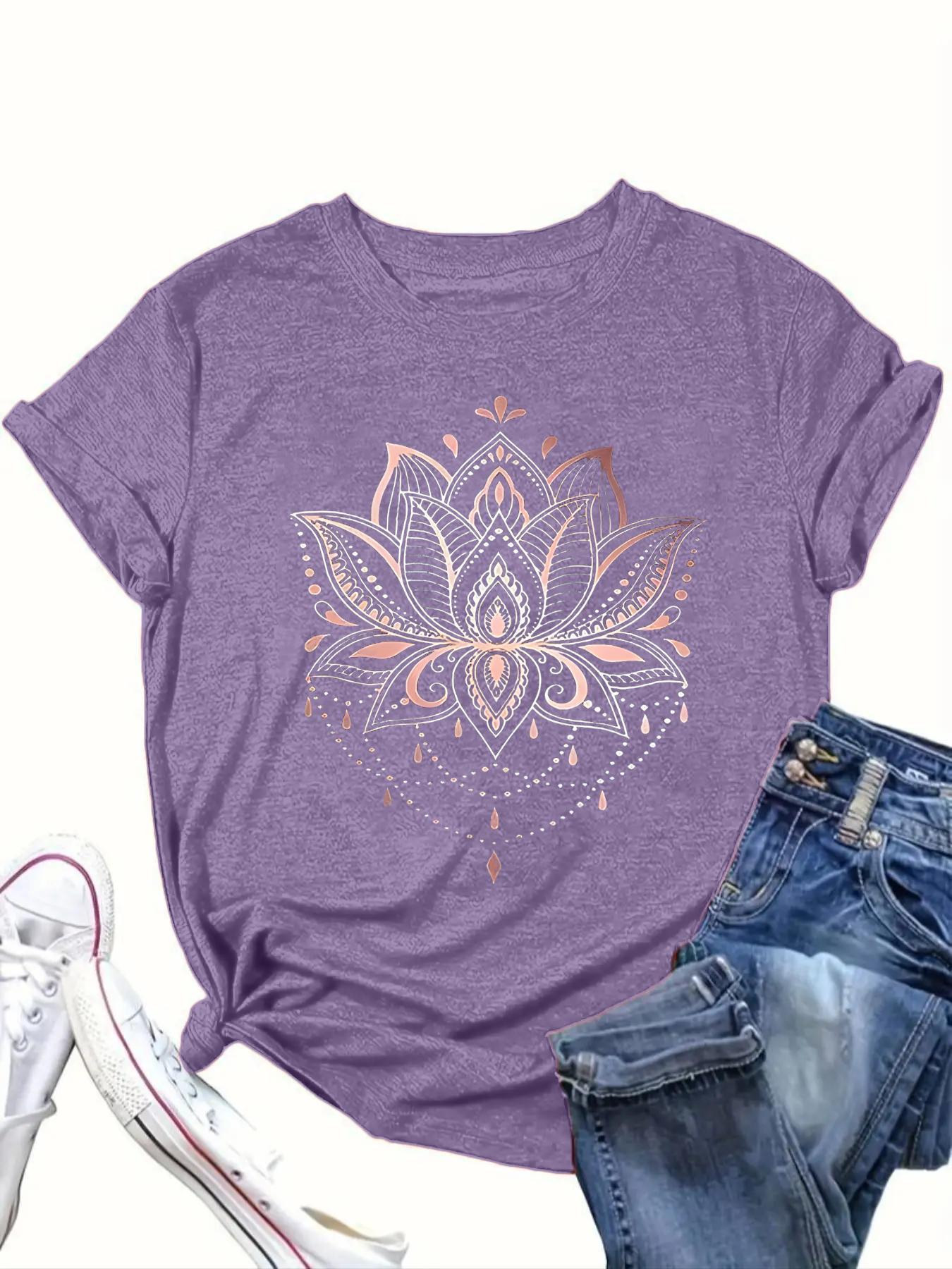【Plus Size】 Lotus Graphic Tee, Boho Casual Crew Neck Short Sleeve Lightweight T-shirt for Daily Holiday Vacation Wear, Women Clothing for All Seasons