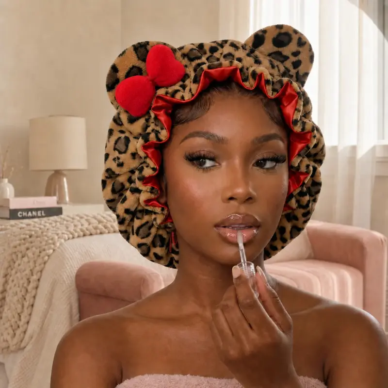 Cute leopard-print plush sleep cap with bear ears and a bow; women’s sleep cap with ruffle detailing and satin lining; anti-frizz hair protection night cap; soft, stretchy headwear suitable for curly-haired users during sleep, everyday beauty routines, an