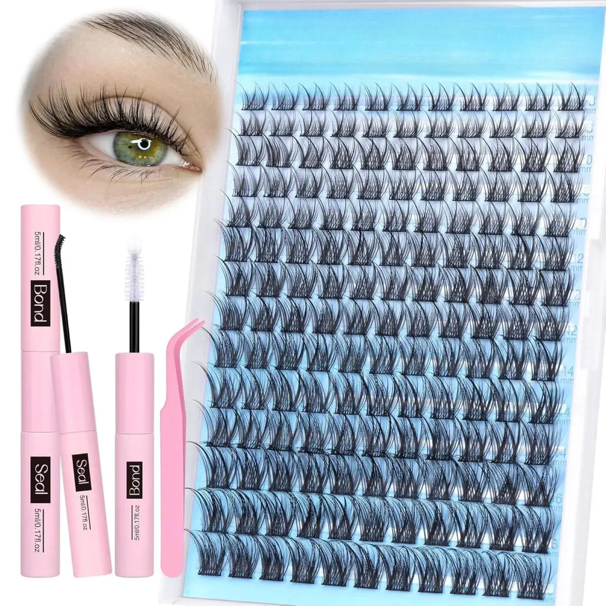Pawotence Lash Clusters Kit Wispy Lash Extension Kit 8-16mm Natural Cluster Eyelash Extension Kit Individual Lashes 154pcs Eyelash Clusters with Lash Bond and Seal, Lash Tweezers for Self Use