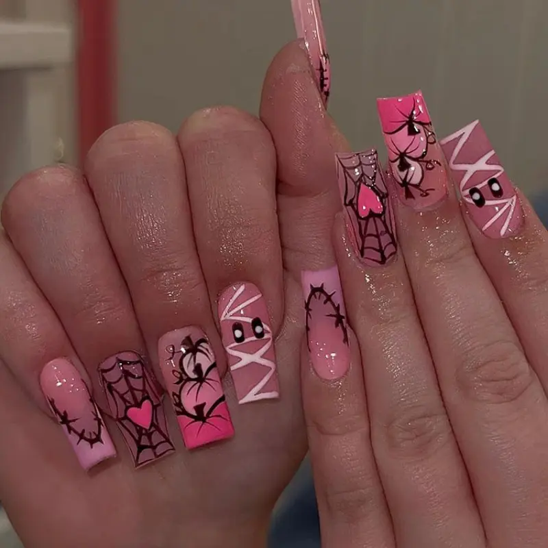 24pcs French Halloween Nail Stickers, Nail Decals, French Nails, Pumpkin Design, Medium Size, Acrylic Material, Gel Glue & File Included