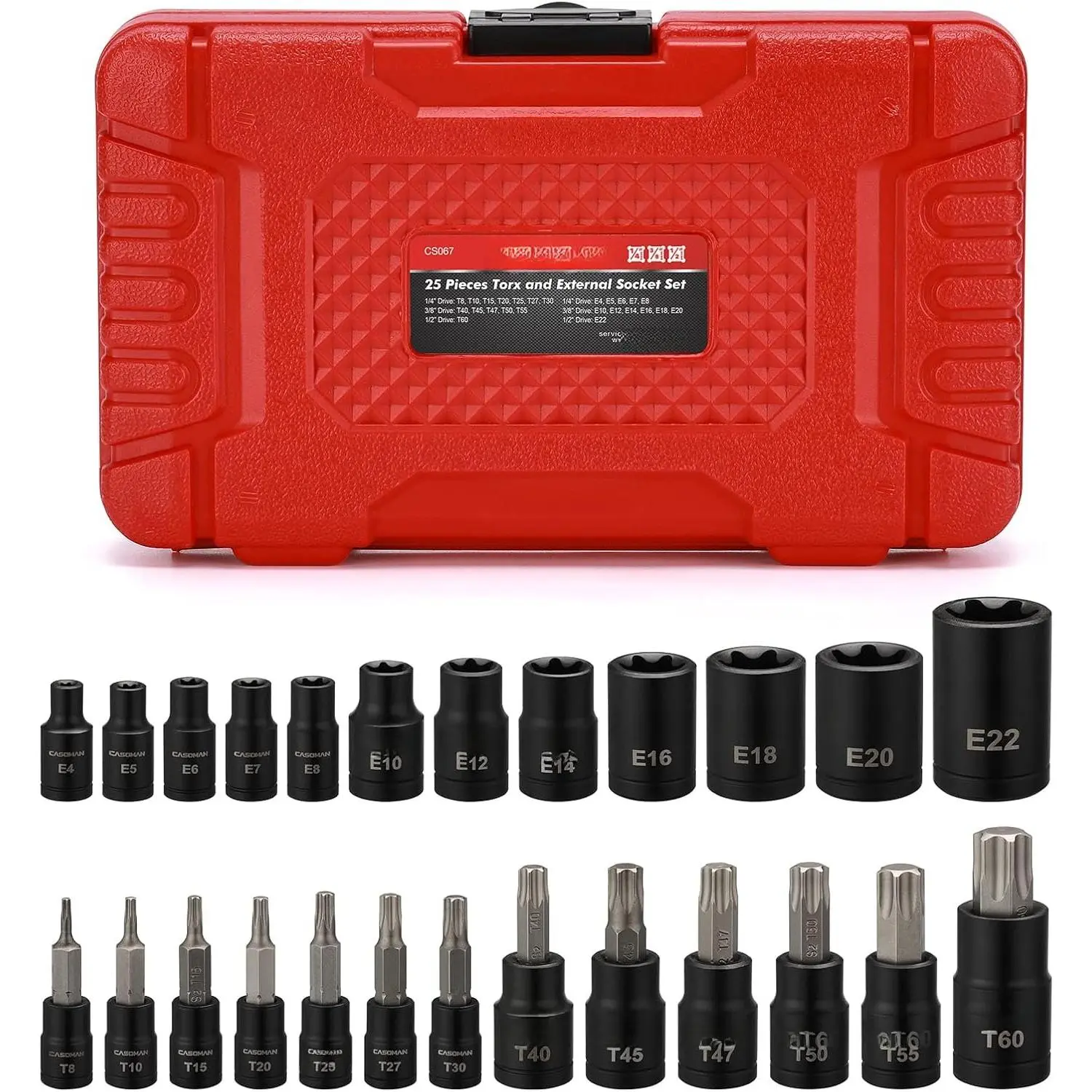 25 count Torx Bit Socket and External Socket Set, 13  Socket Bits (T8- T60)& 12 Female E-Torx Sockets (E4-E22)